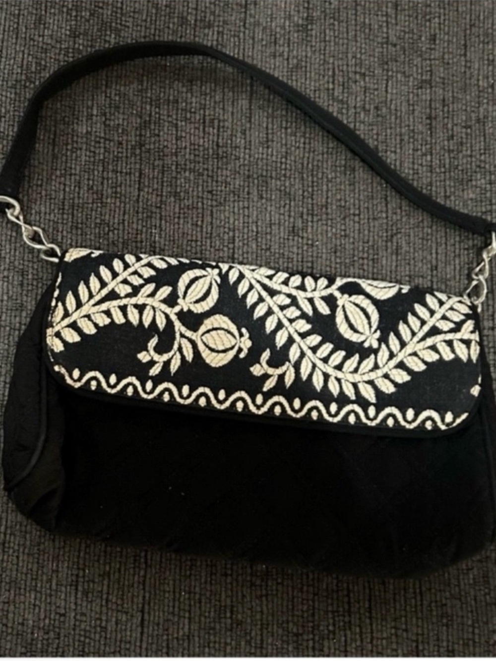 Vera Bradley Black Shoulder Bag with Cream Embroidered Flap